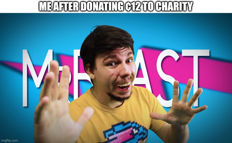 :) | ME AFTER DONATING ¢12 TO CHARITY | image tagged in fake mrbeast | made w/ Imgflip meme maker