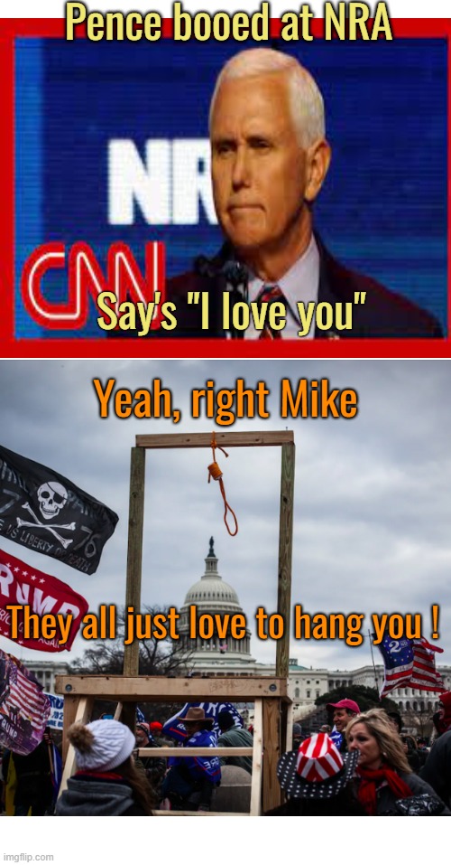 Finishing the job | Pence booed at NRA; Say's "I love you"; Yeah, right Mike; They all just love to hang you ! | image tagged in donald trump,mike pence,hanging,nra,politics | made w/ Imgflip meme maker