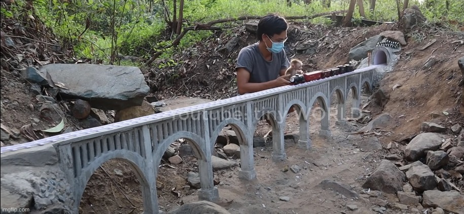 NOT ONLY DID THIS GUY BUILD A Ho-scale CSX BRIDGE HES HOLDING A BBY MONKEY | image tagged in monkey,monke,ho-scale | made w/ Imgflip meme maker