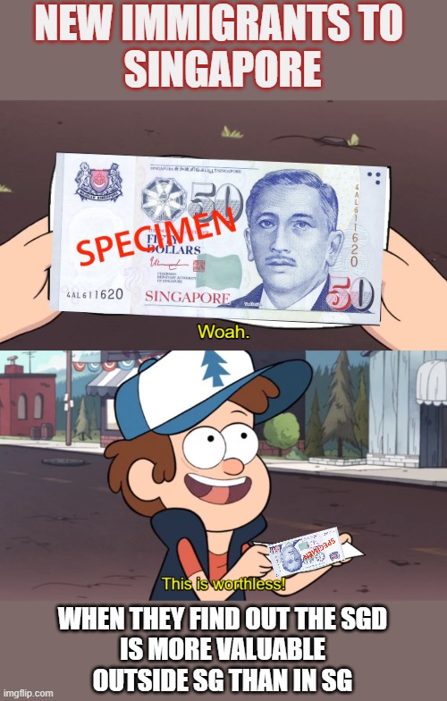 SGD 50 IS WORTHLESS | NEW IMMIGRANTS TO 
SINGAPORE; WHEN THEY FIND OUT THE SGD
 IS MORE VALUABLE 
OUTSIDE SG THAN IN SG | image tagged in woah this is worthless | made w/ Imgflip meme maker
