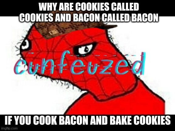 cunfeuzed as hek | WHY ARE COOKIES CALLED COOKIES AND BACON CALLED BACON; IF YOU COOK BACON AND BAKE COOKIES | image tagged in spinrman | made w/ Imgflip meme maker