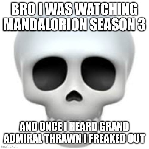 Long Live Thrawn | BRO I WAS WATCHING MANDALORION SEASON 3; AND ONCE I HEARD GRAND ADMIRAL THRAWN I FREAKED OUT | image tagged in skull | made w/ Imgflip meme maker