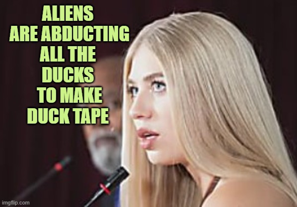 Can't get any blonder than this... | ALIENS
 ARE ABDUCTING
 ALL THE 
DUCKS
 TO MAKE
 DUCK TAPE | image tagged in duck tape,ducks,alien abduction,aliens,dumb blonde | made w/ Imgflip meme maker