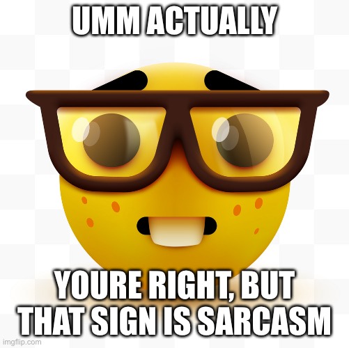 Nerd emoji | UMM ACTUALLY YOURE RIGHT, BUT THAT SIGN IS SARCASM | image tagged in nerd emoji | made w/ Imgflip meme maker
