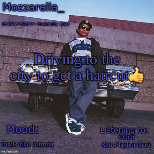 Eazy-E Temp | Driving to the city to get a haircut👍; Other Shit-Playboi Carti; Feels like summa | image tagged in eazy-e temp | made w/ Imgflip meme maker