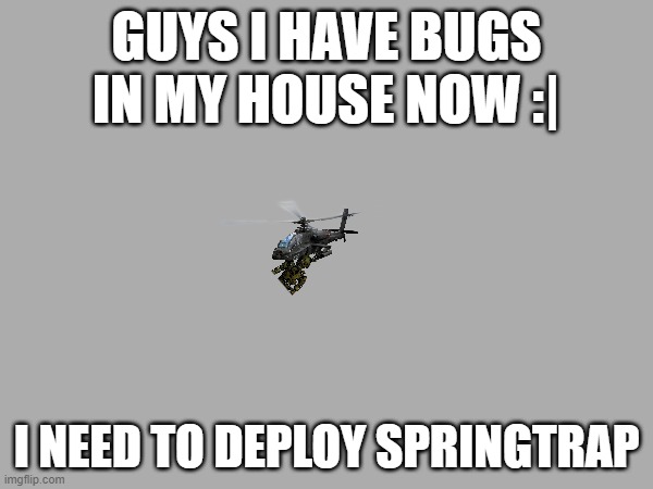 oh no | GUYS I HAVE BUGS IN MY HOUSE NOW :|; I NEED TO DEPLOY SPRINGTRAP | made w/ Imgflip meme maker