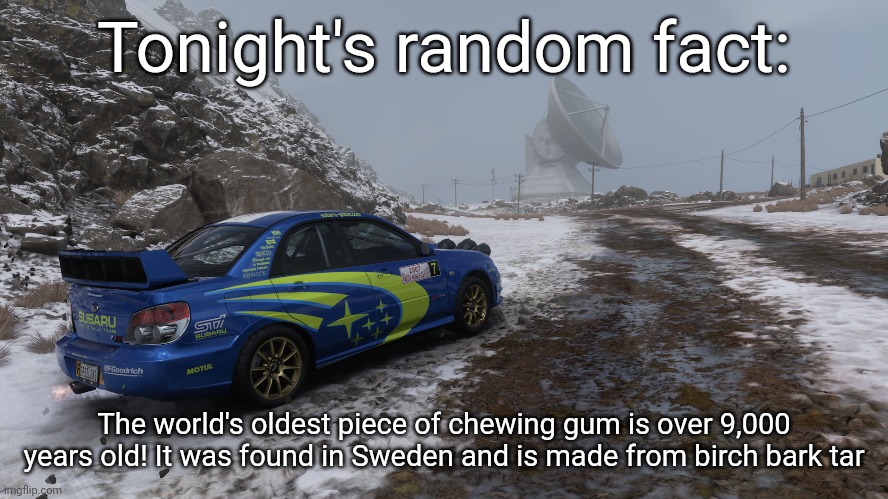 Gn chat | Tonight's random fact:; The world's oldest piece of chewing gum is over 9,000 years old! It was found in Sweden and is made from birch bark tar | image tagged in forza horizon 5 | made w/ Imgflip meme maker
