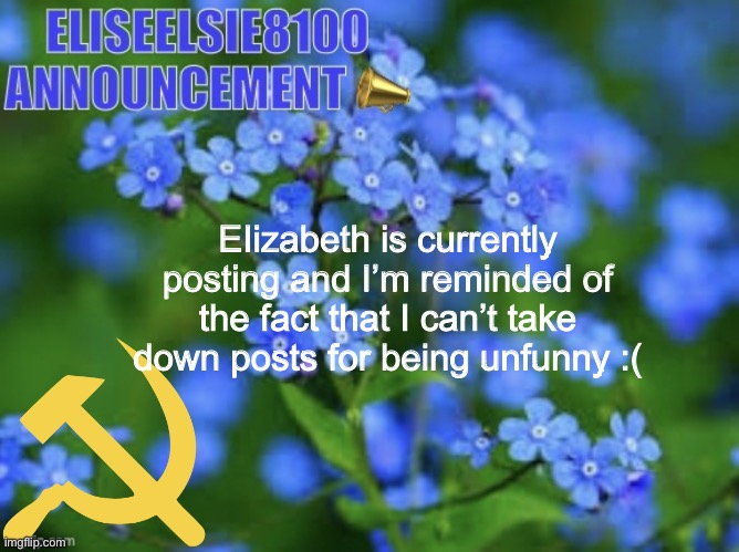 Elizabeth won’t shut up about antisemitism so I won’t shut up ab | EIizabeth is currently posting and I’m reminded of the fact that I can’t take down posts for being unfunny :( | image tagged in elizabeth won t shut up about antisemitism so i won t shut up ab | made w/ Imgflip meme maker