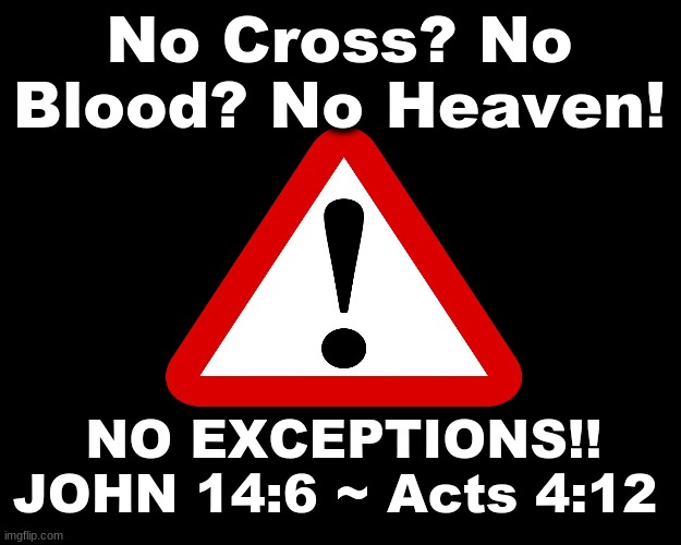 NO CROSS? NO BLOOD? NO HEAVEN.....NO EXCEPTIONS...JOHN 14:6 ~ ACTS 4:12 | No Cross? No Blood? No Heaven! NO EXCEPTIONS!!
JOHN 14:6 ~ Acts 4:12 | image tagged in cross,heaven,bible verse,salvation,jesus christ | made w/ Imgflip meme maker