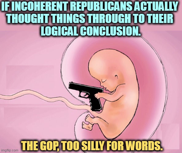 Doesn't make sense? Right! It doesn't. The GOP never does. | IF INCOHERENT REPUBLICANS ACTUALLY 
THOUGHT THINGS THROUGH TO THEIR 
LOGICAL CONCLUSION. THE GOP, TOO SILLY FOR WORDS. | image tagged in republicans,illogical,silly,nonsense,fetus,open carry | made w/ Imgflip meme maker