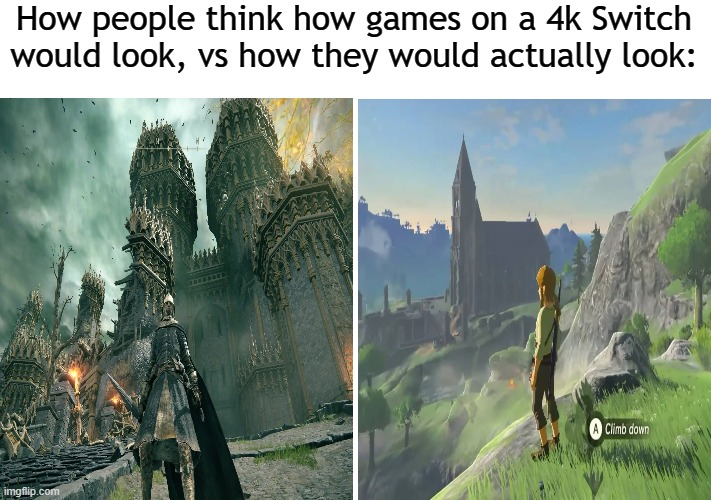 Breath of the Ring | How people think how games on a 4k Switch would look, vs how they would actually look: | image tagged in how people think-how it actually is | made w/ Imgflip meme maker
