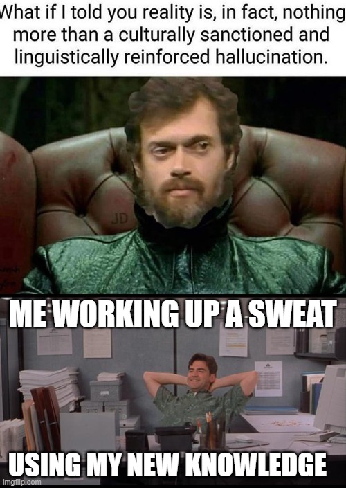 ME WORKING UP A SWEAT; USING MY NEW KNOWLEDGE | image tagged in office lazy,existentialism,funny | made w/ Imgflip meme maker