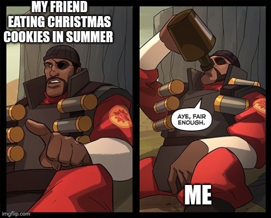 MY FRIEND EATING CHRISTMAS COOKIES IN SUMMER; ME | image tagged in funny | made w/ Imgflip meme maker