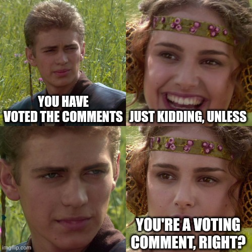 We are going to vote the comments | YOU HAVE VOTED THE COMMENTS; JUST KIDDING, UNLESS; YOU'RE A VOTING COMMENT, RIGHT? | image tagged in anakin padme 4 panel,memes | made w/ Imgflip meme maker