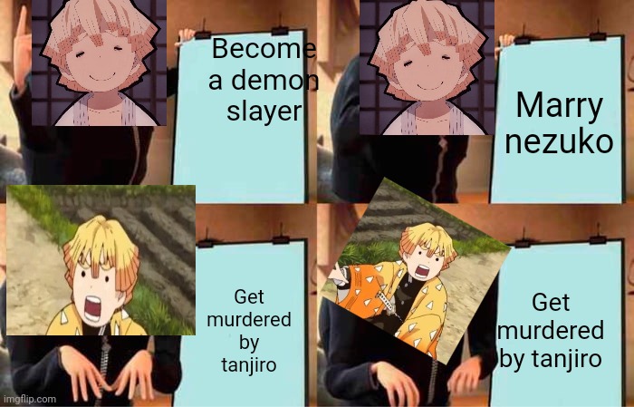 Gru's Plan | Become a demon slayer; Marry nezuko; Get murdered by tanjiro; Get murdered by tanjiro | image tagged in memes,gru's plan | made w/ Imgflip meme maker