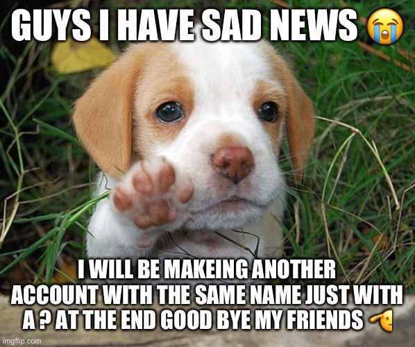 dog puppy bye | GUYS I HAVE SAD NEWS 😭; I WILL BE MAKEING ANOTHER ACCOUNT WITH THE SAME NAME JUST WITH A ? AT THE END GOOD BYE MY FRIENDS 🫡 | image tagged in dog puppy bye | made w/ Imgflip meme maker