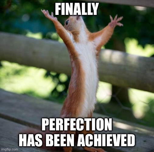 finally | FINALLY PERFECTION HAS BEEN ACHIEVED | image tagged in finally | made w/ Imgflip meme maker
