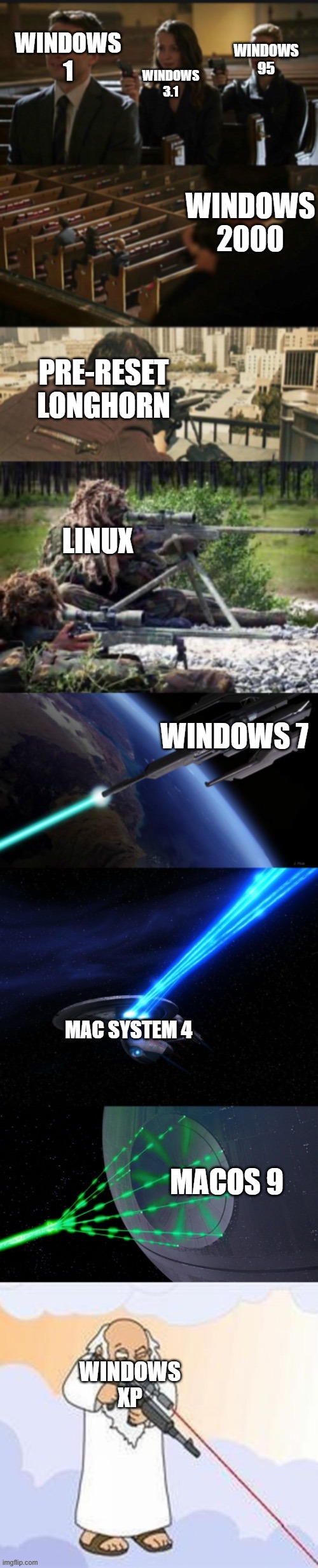 Assassination chain with too many assassins | WINDOWS 95; WINDOWS 3.1; WINDOWS 1; WINDOWS 2000; PRE-RESET LONGHORN; LINUX; WINDOWS 7; MAC SYSTEM 4; MACOS 9; WINDOWS XP | image tagged in assassination chain with too many assassins | made w/ Imgflip meme maker