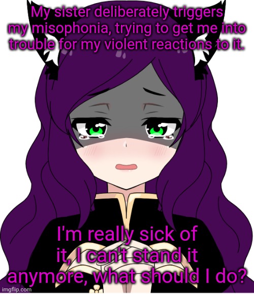 I know no one asked, but I don't know who else to turn to.. | My sister deliberately triggers my misophonia, trying to get me into trouble for my violent reactions to it. I'm really sick of it, I can't stand it anymore, what should I do? | image tagged in sad afm | made w/ Imgflip meme maker