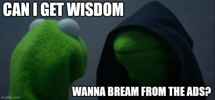 Evil Kermit | CAN I GET WISDOM; WANNA BREAM FROM THE ADS? | image tagged in memes,evil kermit | made w/ Imgflip meme maker
