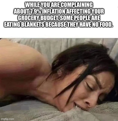 Liberal lunch | WHILE YOU ARE COMPLAINING ABOUT 7.9% INFLATION AFFECTING YOUR GROCERY BUDGET, SOME PEOPLE ARE EATING BLANKETS BECAUSE THEY HAVE NO FOOD. | image tagged in lunch time | made w/ Imgflip meme maker