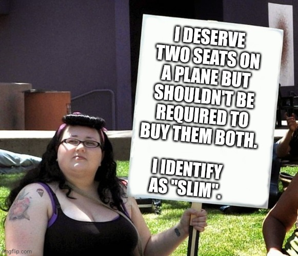 Assigned skinny at birth | I DESERVE TWO SEATS ON A PLANE BUT SHOULDN'T BE REQUIRED TO BUY THEM BOTH. I IDENTIFY AS "SLIM". | image tagged in sjw with sign | made w/ Imgflip meme maker