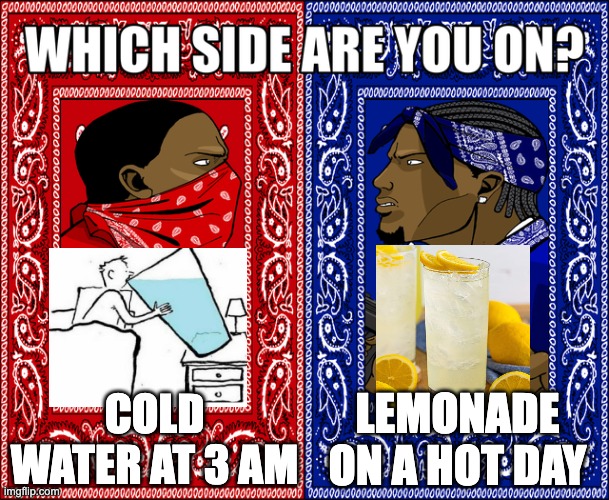 Both good. Which one is better? | COLD WATER AT 3 AM; LEMONADE ON A HOT DAY | image tagged in which side are you on | made w/ Imgflip meme maker