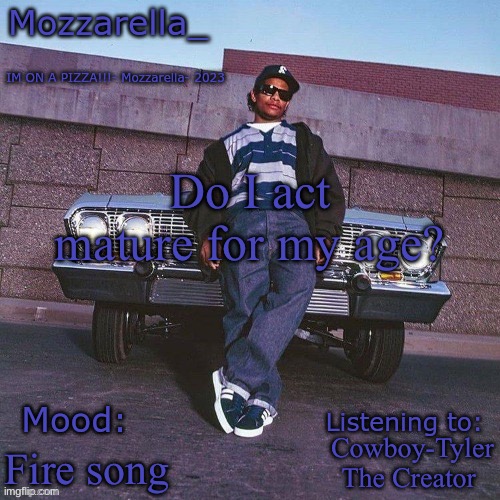 Eazy-E Temp | Do I act mature for my age? Cowboy-Tyler The Creator; Fire song | image tagged in eazy-e temp | made w/ Imgflip meme maker