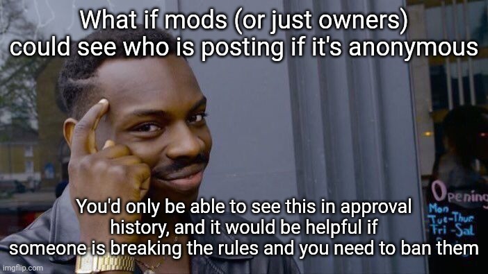 Roll Safe Think About It | What if mods (or just owners) could see who is posting if it's anonymous; You'd only be able to see this in approval history, and it would be helpful if someone is breaking the rules and you need to ban them | image tagged in memes,roll safe think about it | made w/ Imgflip meme maker