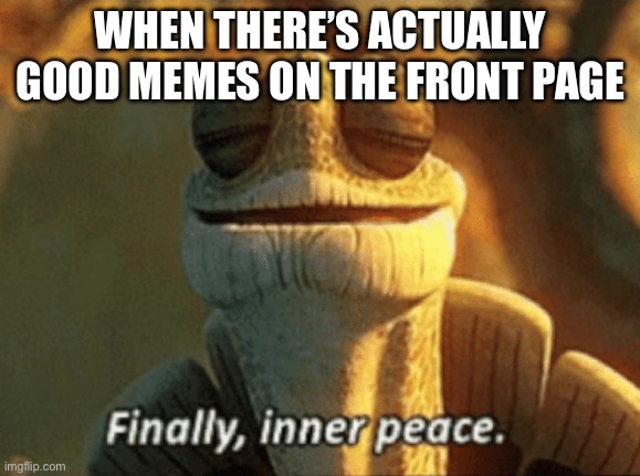 Rarely ever happens tho | WHEN THERE’S ACTUALLY GOOD MEMES ON THE FRONT PAGE | image tagged in finally inner peace | made w/ Imgflip meme maker