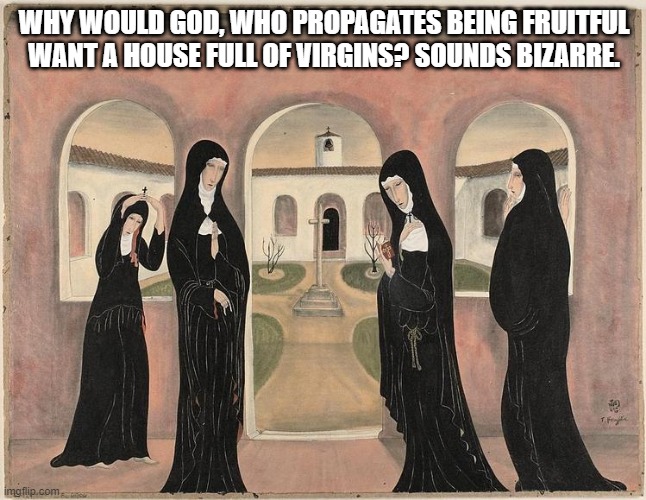 In the Old Testament you were cool, you became wierd in The New Testament. | WHY WOULD GOD, WHO PROPAGATES BEING FRUITFUL WANT A HOUSE FULL OF VIRGINS? SOUNDS BIZARRE. | image tagged in god,jesus,nuns,bible | made w/ Imgflip meme maker