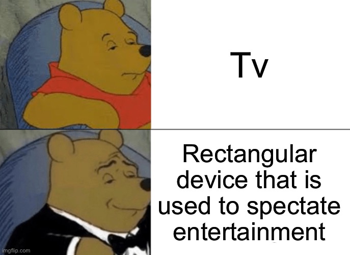 Why yes I would like to watch some television | Tv; Rectangular device that is used to spectate entertainment | image tagged in memes,tuxedo winnie the pooh | made w/ Imgflip meme maker