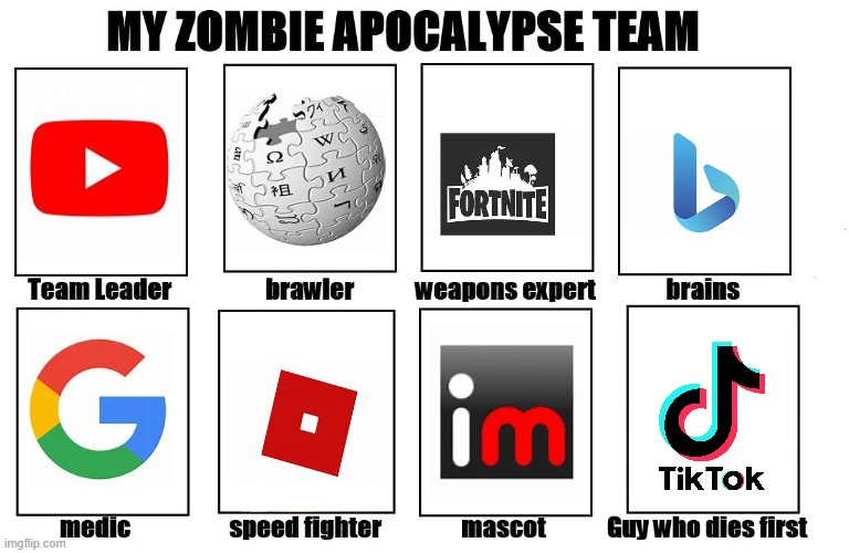 Fortnite's bad too though... | image tagged in my zombie apocalypse team | made w/ Imgflip meme maker