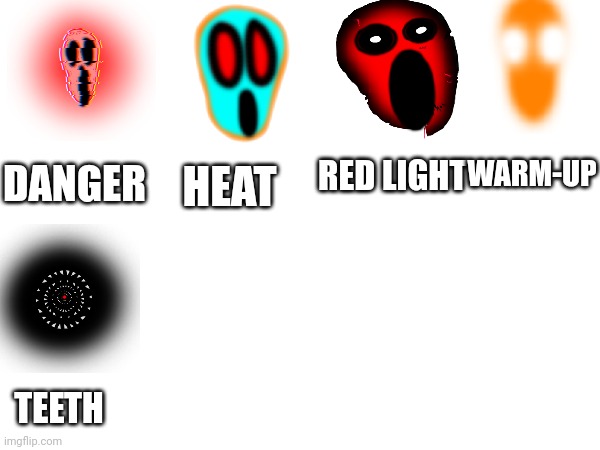 Some fanmade entities i found | WARM-UP; RED LIGHT; DANGER; HEAT; TEETH | made w/ Imgflip meme maker
