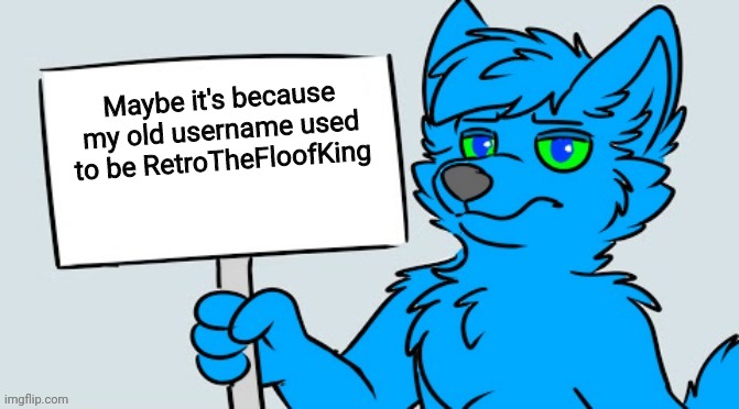 Retro holding sign | Maybe it's because my old username used to be RetroTheFloofKing | image tagged in retro holding sign | made w/ Imgflip meme maker