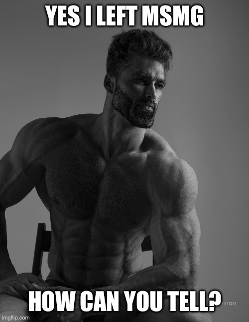 Giga Chad | YES I LEFT MSMG; HOW CAN YOU TELL? | image tagged in giga chad | made w/ Imgflip meme maker