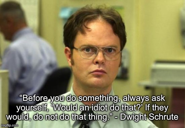 Dwight Schrute Meme | “Before you do something, always ask yourself, ‘Would an idiot do that?’ If they would, do not do that thing.” - Dwight Schrute | image tagged in memes,dwight schrute | made w/ Imgflip meme maker