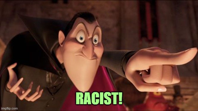 Hotel Transylvania Dracula pointing meme | RACIST! | image tagged in hotel transylvania dracula pointing meme | made w/ Imgflip meme maker
