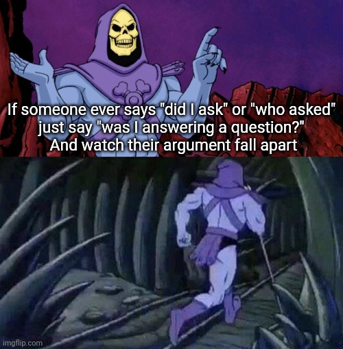he man skeleton advices | If someone ever says "did I ask" or "who asked"
just say "was I answering a question?"
 And watch their argument fall apart | image tagged in he man skeleton advices | made w/ Imgflip meme maker