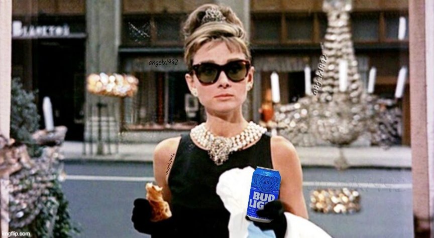 image tagged in holly golightly,audrey hepburn,bud light,beer,breakfast at tiffany's,movies | made w/ Imgflip meme maker