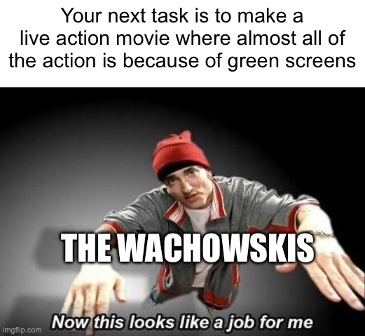 If you’ve seen Speed Racer or any of The Matrix movies, you’d get it | Your next task is to make a live action movie where almost all of the action is because of green screens; THE WACHOWSKIS | image tagged in now this looks like a job for me,memes | made w/ Imgflip meme maker