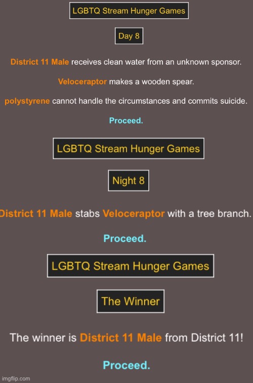 Day 8 - Night 8. The current LGBTQ hunger games has finished! Good job to everyone! | image tagged in hunger games | made w/ Imgflip meme maker