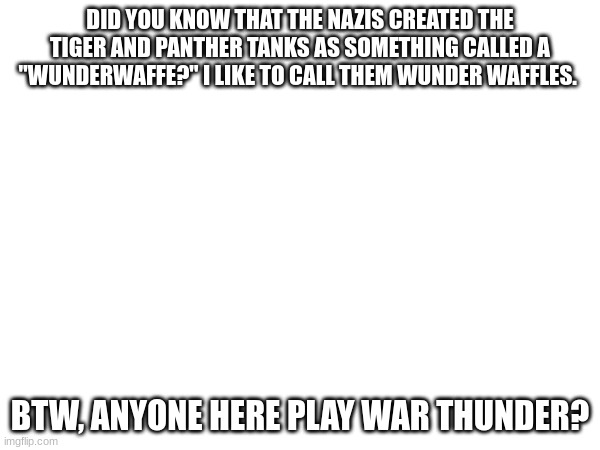 DID YOU KNOW THAT THE NAZIS CREATED THE TIGER AND PANTHER TANKS AS SOMETHING CALLED A "WUNDERWAFFE?" I LIKE TO CALL THEM WUNDER WAFFLES. BTW, ANYONE HERE PLAY WAR THUNDER? | made w/ Imgflip meme maker