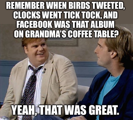 Remember that time | REMEMBER WHEN BIRDS TWEETED, 
CLOCKS WENT TICK TOCK, AND 
FACEBOOK WAS THAT ALBUM 
ON GRANDMA’S COFFEE TABLE? YEAH, THAT WAS GREAT. | image tagged in remember that time | made w/ Imgflip meme maker