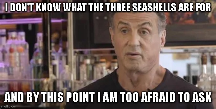 Sylvester Stallone Three Seashells | I DON'T KNOW WHAT THE THREE SEASHELLS ARE FOR; AND BY THIS POINT I AM TOO AFRAID TO ASK | image tagged in sylvester,stallone,three stooges,seashells | made w/ Imgflip meme maker