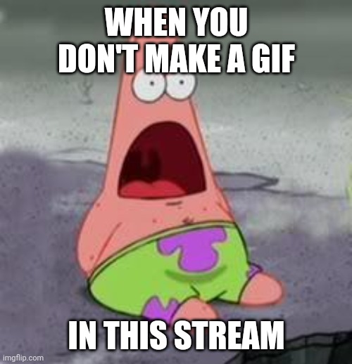 Suprised Patrick | WHEN YOU DON'T MAKE A GIF; IN THIS STREAM | image tagged in suprised patrick | made w/ Imgflip meme maker