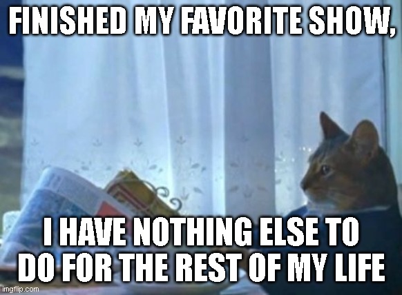 Someone Relate? | FINISHED MY FAVORITE SHOW, I HAVE NOTHING ELSE TO DO FOR THE REST OF MY LIFE | image tagged in memes,i should buy a boat cat | made w/ Imgflip meme maker