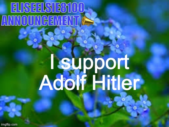 EliseElsie8100 Announcement | I support Adolf Hitler | image tagged in eliseelsie8100 announcement | made w/ Imgflip meme maker