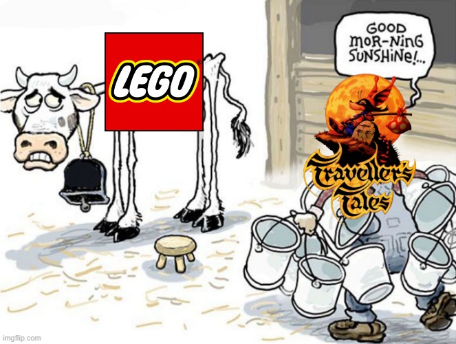 Remember when Traveller's tales used to make games(not saying its bad) | image tagged in milking the cow,travellers tales,lego | made w/ Imgflip meme maker