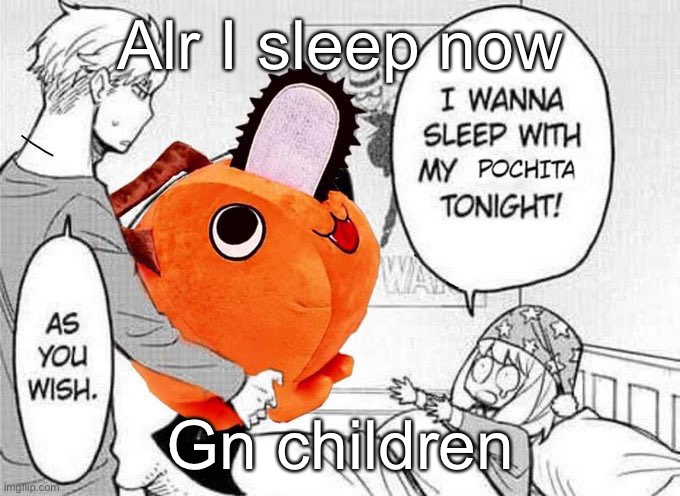 I wanna sleep with my Pochita tonight! | Alr I sleep now; Gn children | image tagged in i wanna sleep with my pochita tonight | made w/ Imgflip meme maker